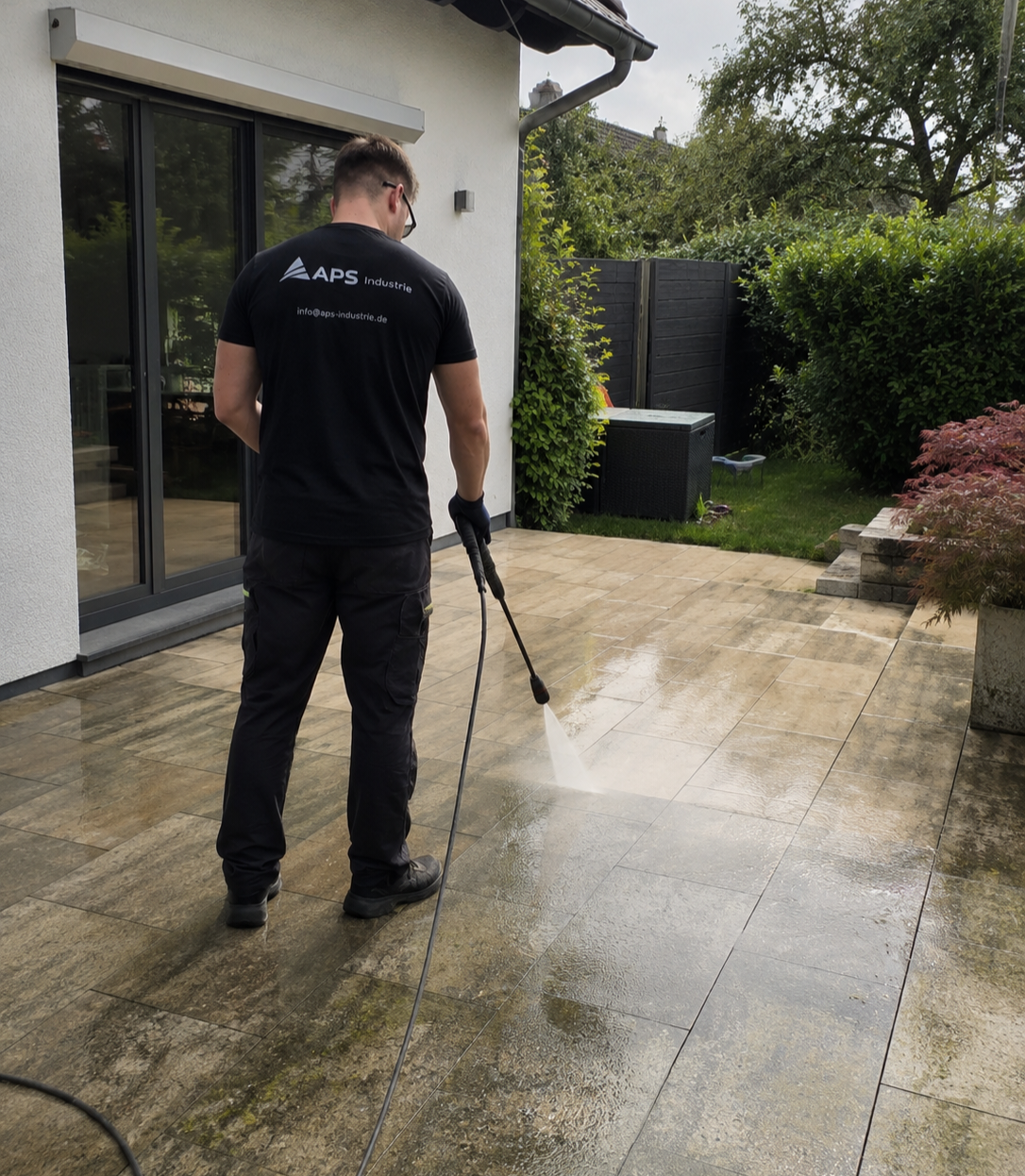 APS Mitarbeiter reinigt Natursteinterrasse mit Hochdruckreiniger – Terrassenreinigung